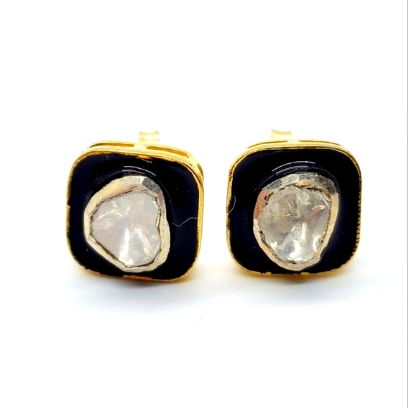 D'Joy Jewelry - Polki Diamond & Black Enameled Earrings